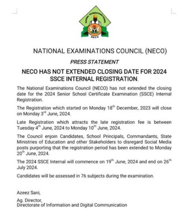 Neco Registration Closing Date 2024 Revealed