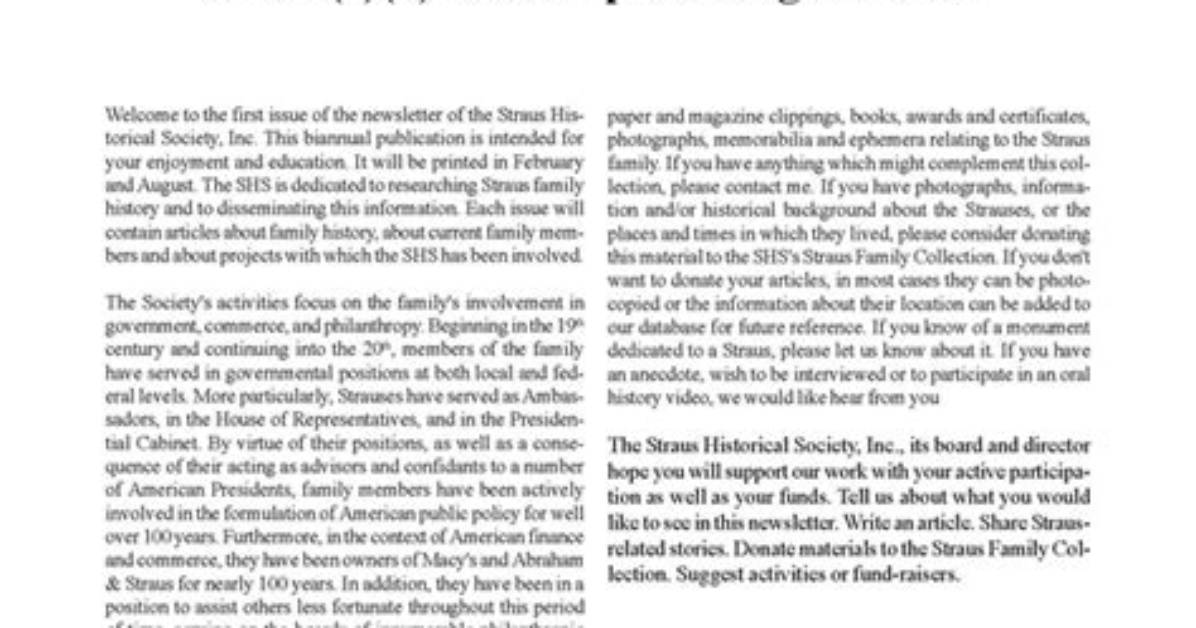 Oliver H. Straus Jr. : a Historical Legacy of Leadership and Philanthropy